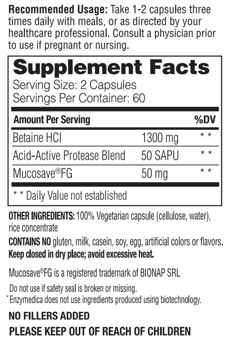 Betaína HCl, 1300 mg (60 caps), Enzymedica