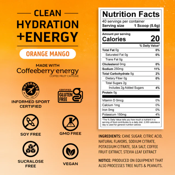 Electrolitos Clean de Hidratacion + Energía Sabor Naranja-Mango (8.32 oz 236 g), Ascent