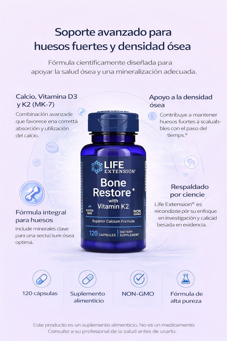 Restauración de Huesos con Vitamina K2 (120 caps), Life Extension