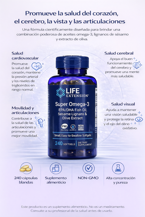 Super Omega-3 EPA/DHA Lignanos de Sésamo y Extracto de Oliva (240 softgels), Life Extension