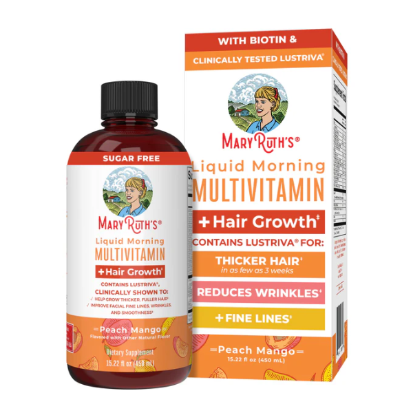 Multivitaminico Matutino + Crecimiento del Cabello Sabor Durazno-Mango, Liquido (15.22 fl oz 450 ml), Mary Ruth´s