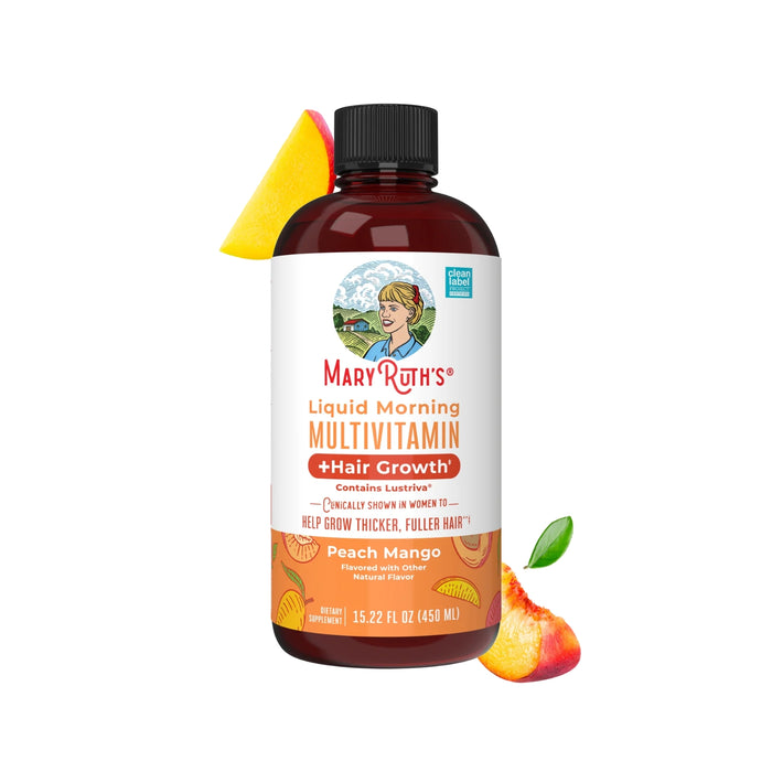 Multivitaminico Matutino + Crecimiento del Cabello Sabor Durazno-Mango, Liquido 450 ml (15.22 fl oz), Mary Ruth´s