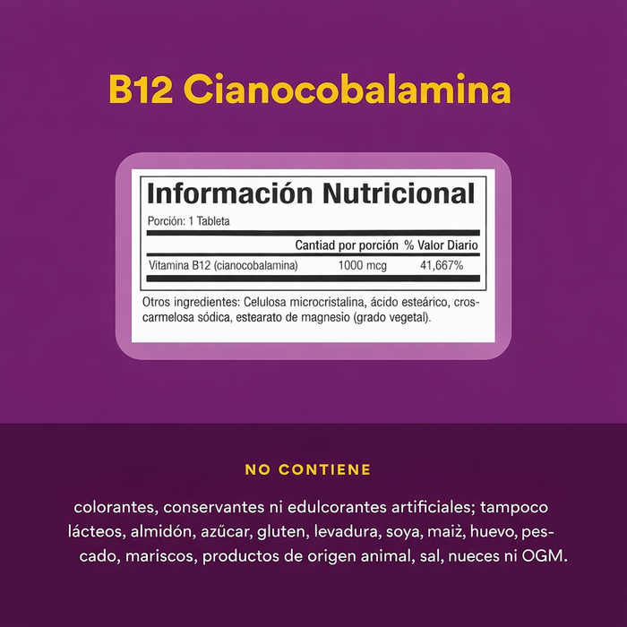 B12 Cianocobalamina 1,000 mcg (60 tabs), Natural Factors