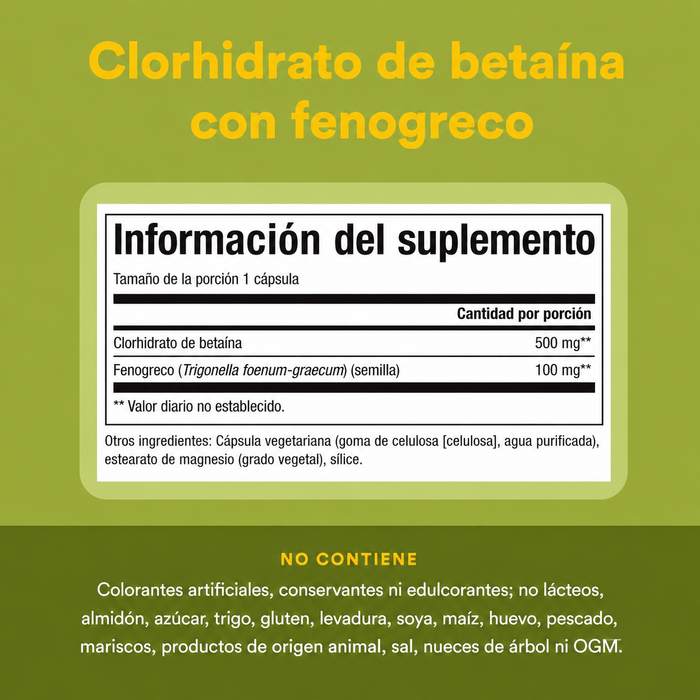 Betaina HCL 500 mg w/ 100 mg Alholva (90 vcap), Natural Factors