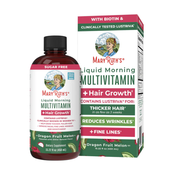 Multivitaminico Matutino + Crecimiento del Cabello Sabor Pitaya-Melon, Liquido 450 ml (15.22 fl oz), Mary Ruth's