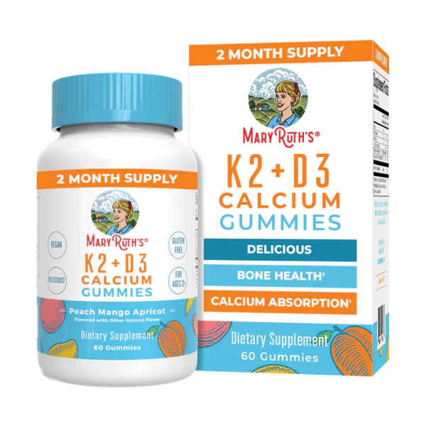 Calcio K2 + D3 Sabor Durazno Mango (60 Gomitas), Mary Ruth´s