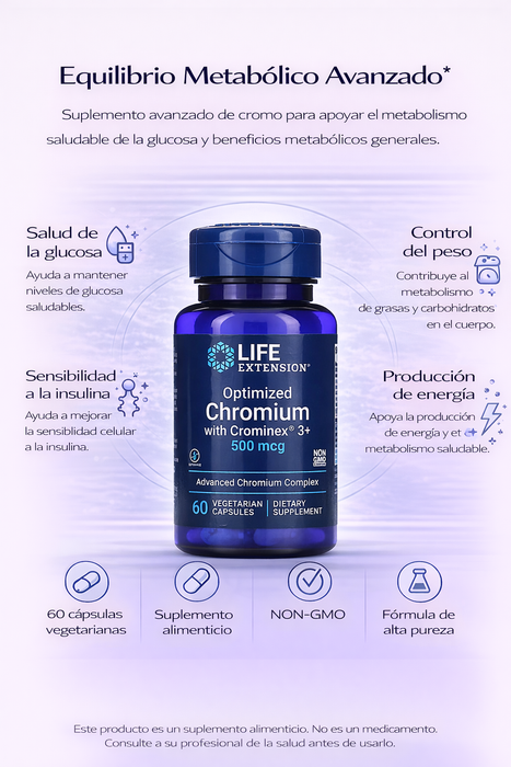 Cromo Optimizado Con Crominex® 3+ 500 Mcg (60 veg caps), Life Extension