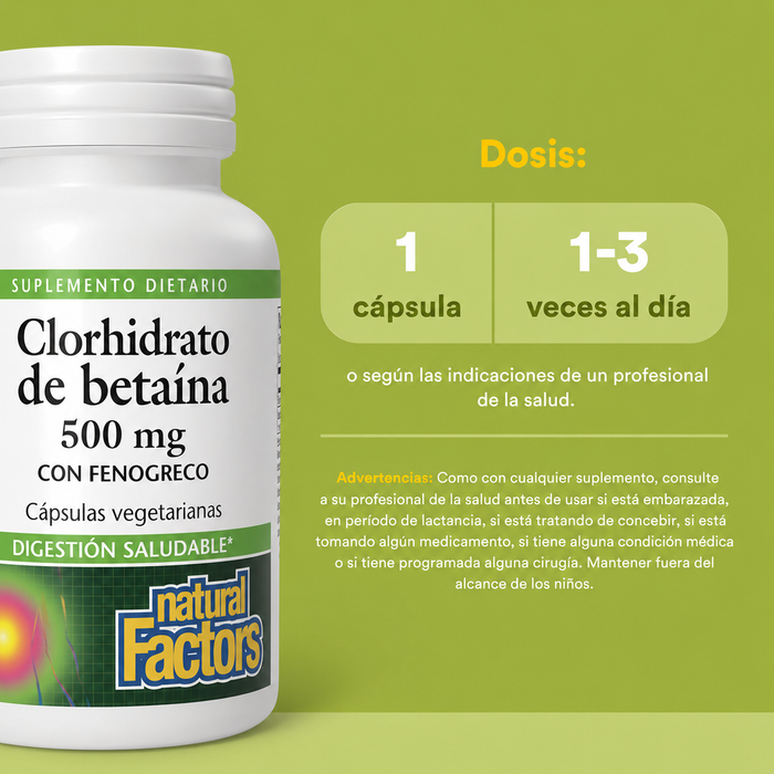 Betaina HCL 500 mg w/ 100 mg Alholva (90 vcap), Natural Factors