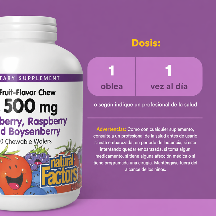 Vitamina C 500 mg Sabor a Mora Azul, Frambuesas & Arandanos (90 tabs), Natural Factors