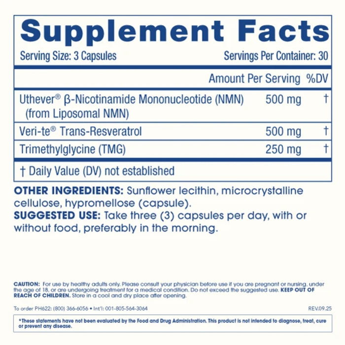 NMN Liposomal Pro Complete™ - Lipo Uthever® NMN, Trans-Resveratrol, TMG (90 caps), Prohealth