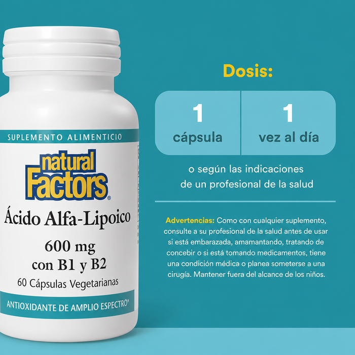 Acido Alfa-Lipoico 600 mg con B1 & B2 (60 vcap), Natural Factors