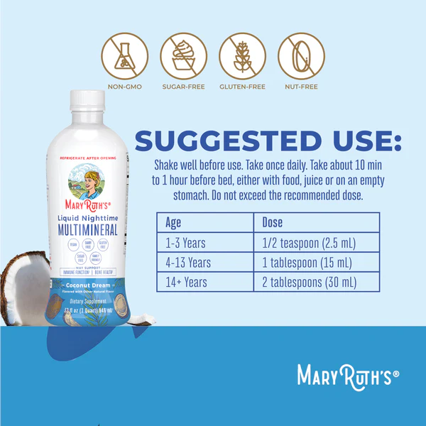 Multimineral Nocturno Sabor Coco, Liquido (15,22 oz o 450 ml), Mary Ruth's