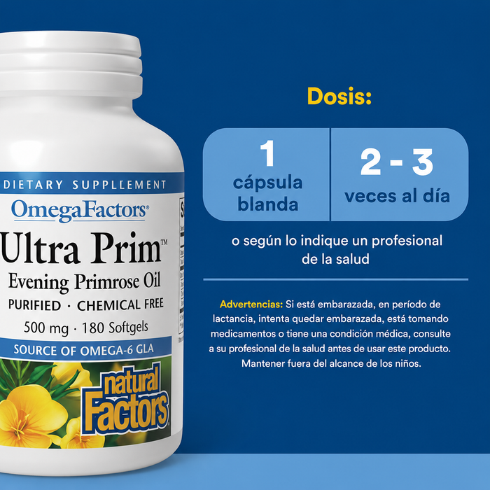 Aceite de Onagra con GLA Ultra Prim™ OmegaFactors® 500 mg (180 softgels), Natural Factors