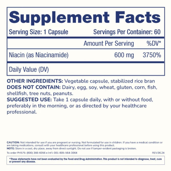 Niacinamida Vitamina B3 Libre de Enrojecimiento 600 mg (60 caps), Prohealth