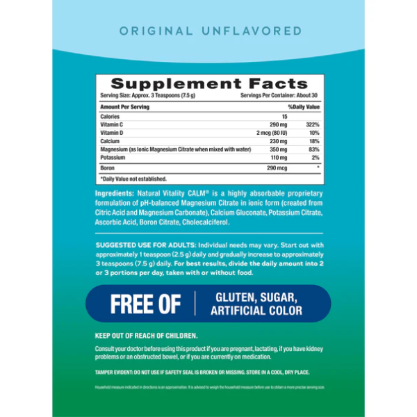 CALM Citrato de Magnesio con Calcio en Polvo Sin Sabor (277 g), Natural Vitality