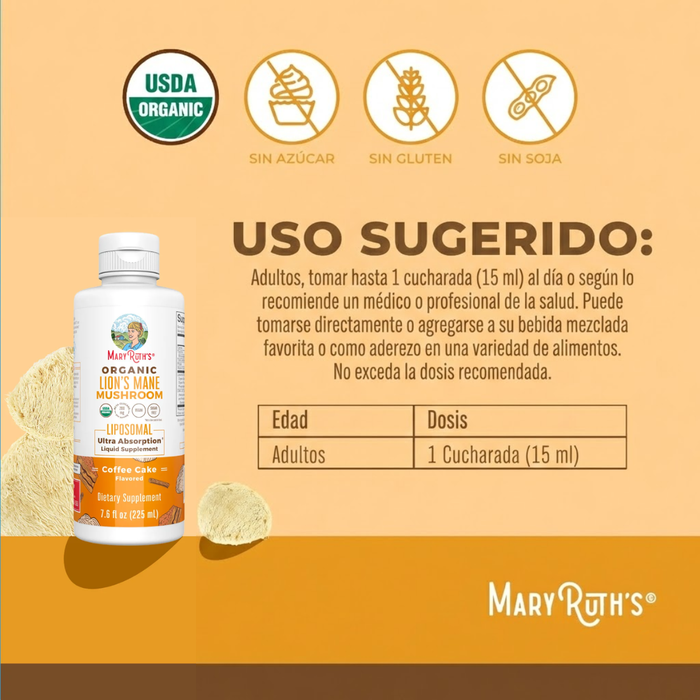 Hongo de Melena de León Orgánico Liposomal (7.6 oz 225 ml), MaryRuth's
