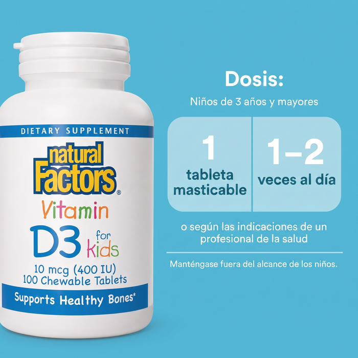 Vitamina D3 para Niños Sabor Fresa 10 mcg (400 IU) (100 tabs masticables), Natural Factors