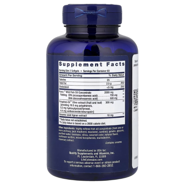 Super Omega-3 EPA/DHA, Lignanos de Sesamo y Extracto de Oliva (120 softgels), Life Extension