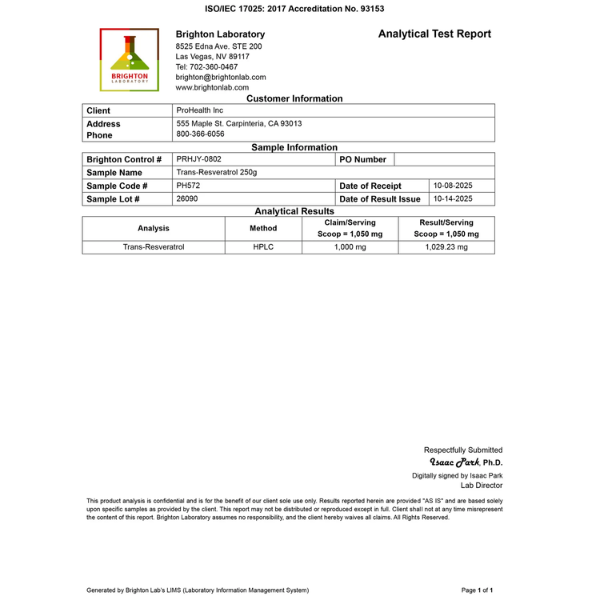 Trans-Resveratrol Puro Micronizado, Polvo (250 g), Prohealth
