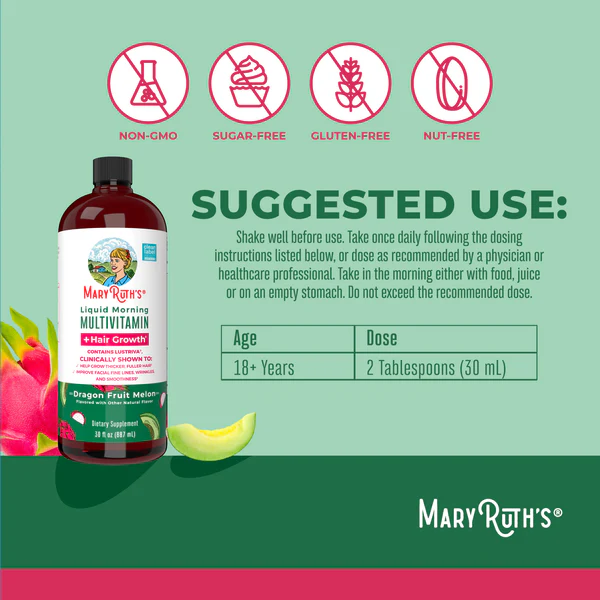 Multivitaminico Matutino + Crecimiento del Cabello Sabor Pitaya-Melon, Liquido (30 fl oz 887 ml), Mary Ruth's