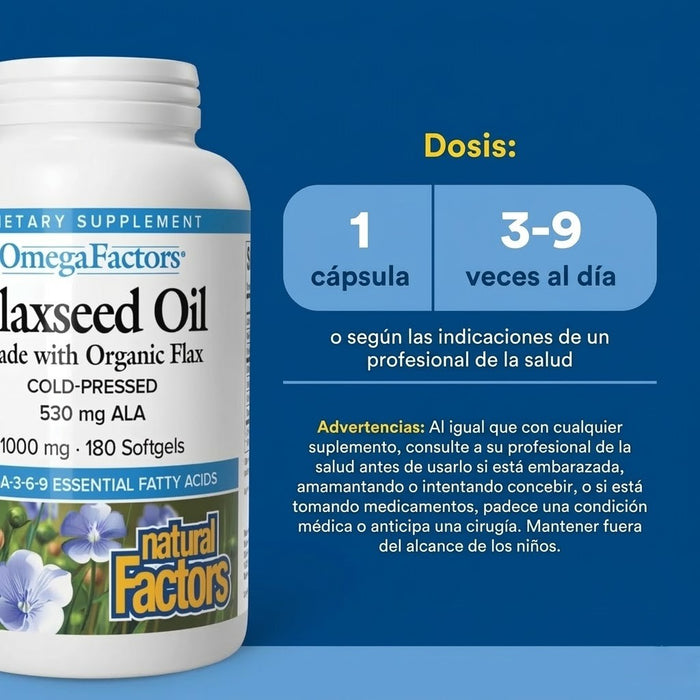 Aceite de Linaza Orgánico 1,000 mg OmegaFactors®  (90 softgels), Natural Factors