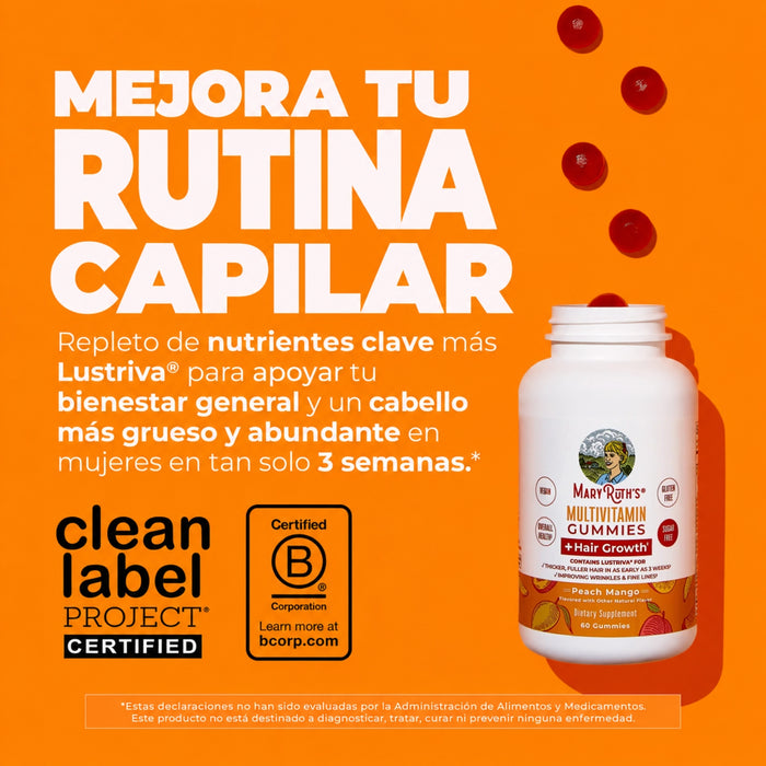 Multivitamínico + Crecimiento del Cabello Sabor Mango-Durazno (60 gomitas), MaryRuth's