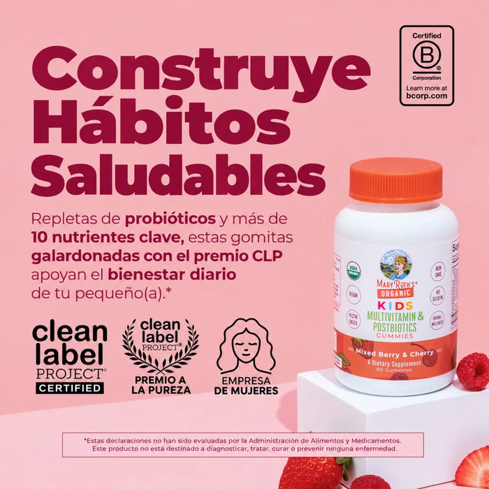 2X1 Multivitamínico Orgánico + Postbioticos para Niños sabor Fresa (60 gomitas), MaryRuth's