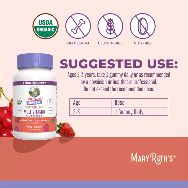 Multivitaminico Organico para Niños Sabor Moras y Cereza (60 gomitas), Mary Ruth's
