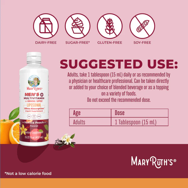 Multivitaminico Liposomal 40+ para Hombres Sabor Vainilla Durazno, Liquido 450 ml (15.22 fl oz), Mary Ruth's