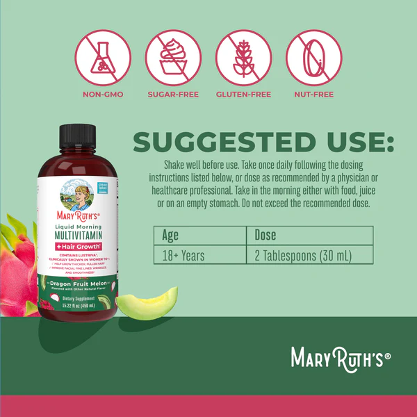 Multivitaminico Matutino + Crecimiento del Cabello Sabor Pitaya-Melon, Liquido 450 ml (15.22 fl oz), Mary Ruth's