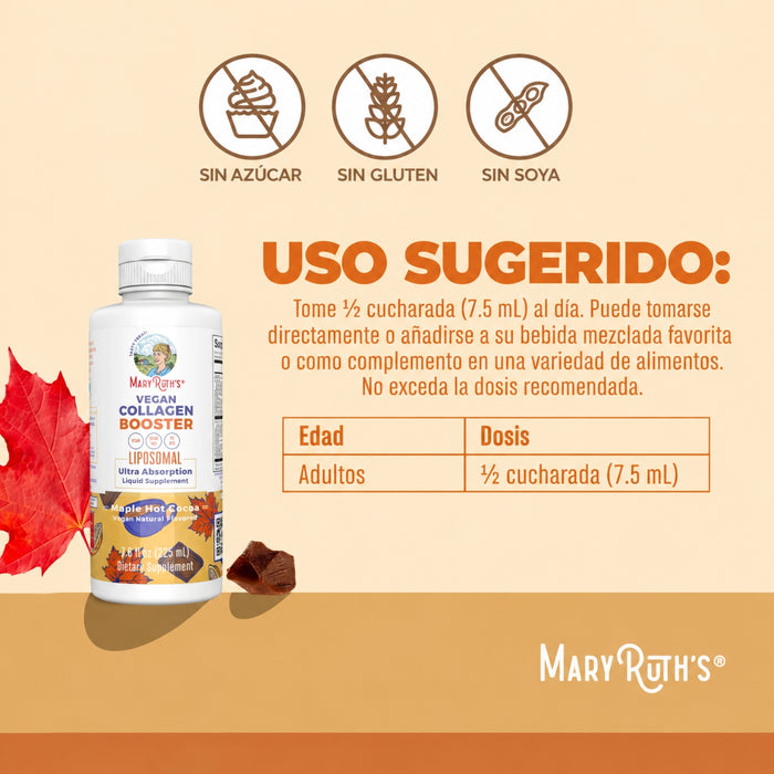 Potenciador de Colageno Vegano Liposomal Sabor Chocolate Caliente con Maple, Liquido 225 ml (7.6 fl oz), Mary Ruth's