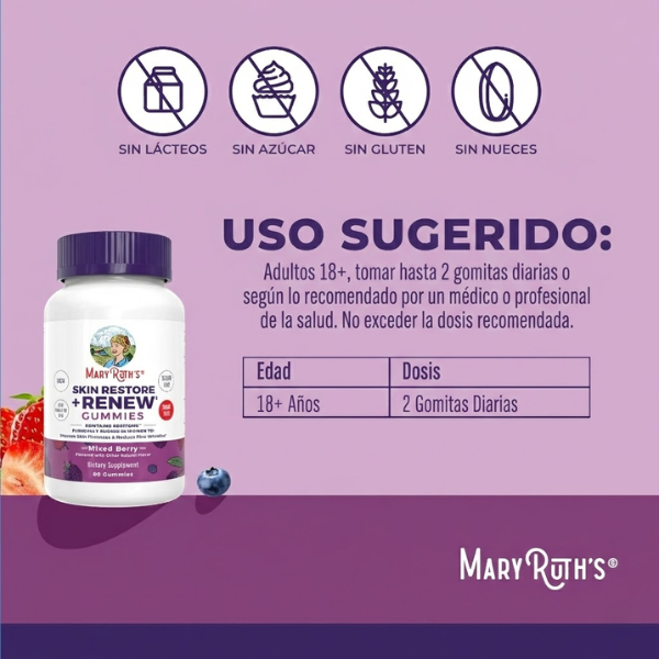 Piel Restaurada y Renovada Sabor Frutos Rojos (60 gomitas), MaryRuth's