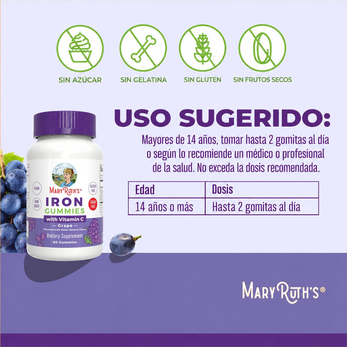 Hierro con Vitamina C Sabor Uva (60 gomitas), MaryRuth's