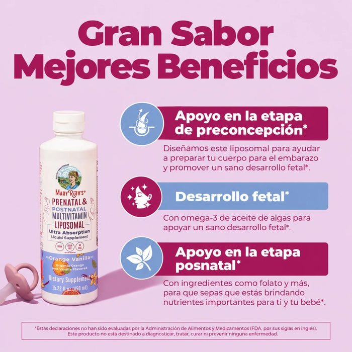 2X1 Multivitamínico Liposomal Prenatal y Postnatal Sabor Naranja Vainilla, Liposomal 450 ml (15.22 fl oz), MaryRuth's