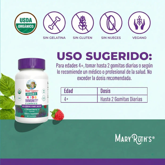 EX Inmunidad Para Niños Organica Sabor Frutos Rojos (60 gomitas), Mary Ruth´s