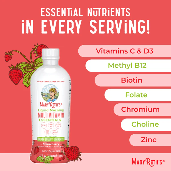 Multivitaminico Matutino Essentials+ Sabor Fresa, Liquido (30 fl oz 887 ml), Mary Ruth's