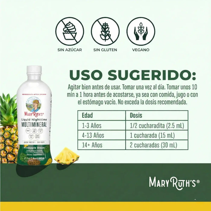 Multimineral Nocturno Sabor Piña, Liquido 946 ml (32 fl oz), Mary Ruth's