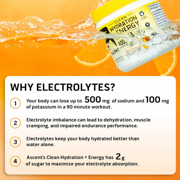 Electrolitos Clean de Hidratacion + Energía Sabor Naranja-Mango (8.32 oz 236 g), Ascent