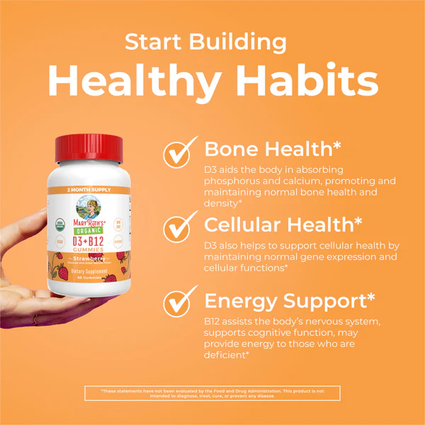D3+B12 Organico Sabor Fresa (60 Gomitas), Mary Ruth´s