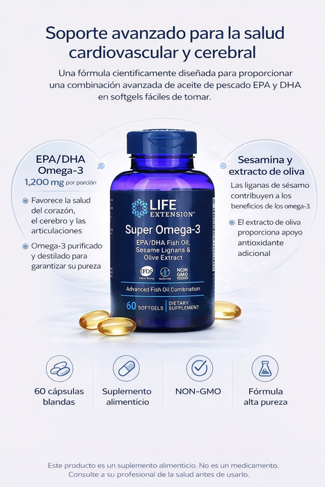 Super Omega-3 EPA/DHA, Lignanos de Sesamo y Extracto de Oliva (60 softgels), Life Extension