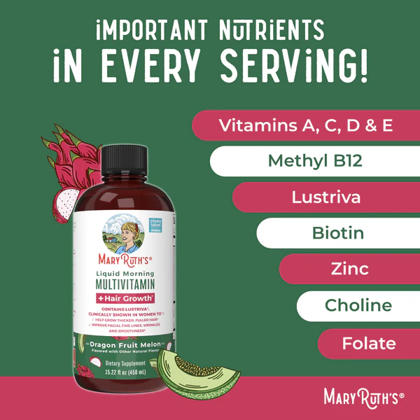 Multivitaminico Matutino + Crecimiento del Cabello Sabor Pitaya-Melon, Liquido 450 ml (15.22 fl oz), Mary Ruth's