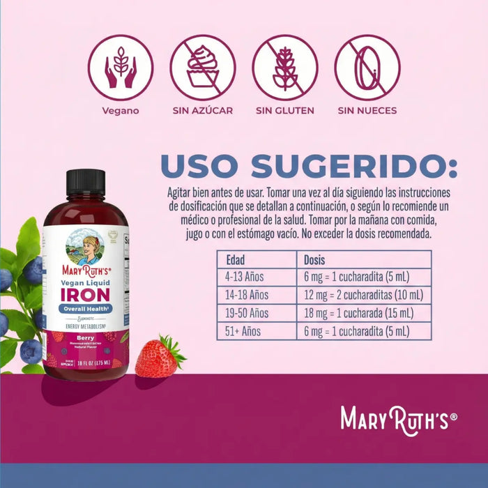 Hierro Liquido Sabor Frutos Rojos 450 ml (15.22 fl oz), Mary Ruth's