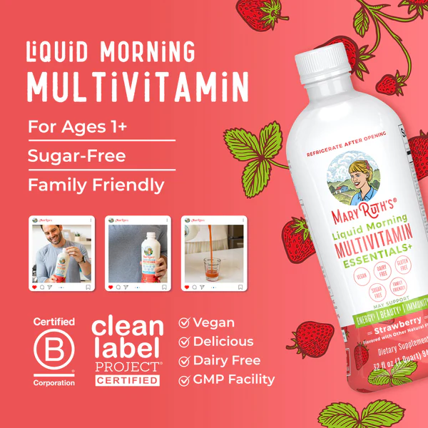 Multivitaminico Matutino Essentials+ Sabor Fresa, Liquido (30 fl oz 887 ml), Mary Ruth's