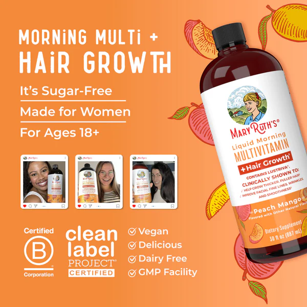 Multivitaminico Matutino + Crecimiento del Cabello Sabor Durazno-Mango, Liquido (15.22 fl oz 450 ml), Mary Ruth´s