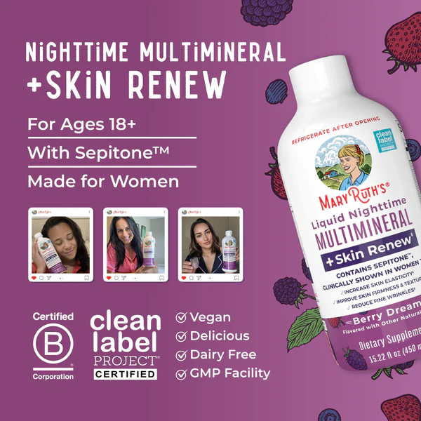 Multimineral Nocturno + Renovacion de Piel Sabor Frutos Rojos, Liquido 450 ml (15.22 fl oz), Mary Ruth's