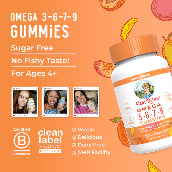 Omega 3-6-7-9 Sabor Durazno y Mango (120 gomitas), Mary Ruth´s