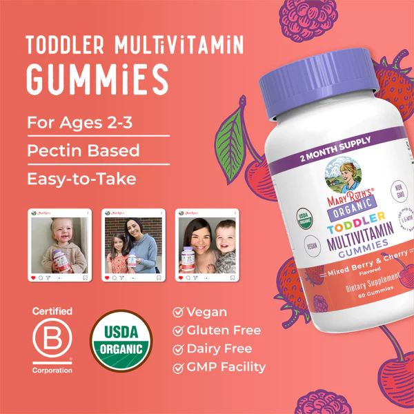 Multivitaminico Organico para Niños Sabor Moras y Cereza (60 gomitas), Mary Ruth's