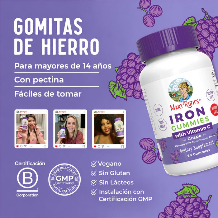 Hierro con Vitamina C Sabor Uva (60 gomitas), MaryRuth's