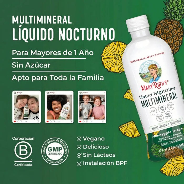 Multimineral Nocturno Sabor Piña, Liquido 946 ml (32 fl oz), Mary Ruth's