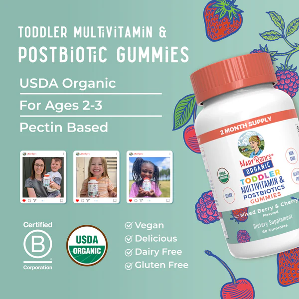 Multivitaminico y Postbiotico para Niños, Sabor Moras y Cereza (60 gomitas), Mary Ruth´s